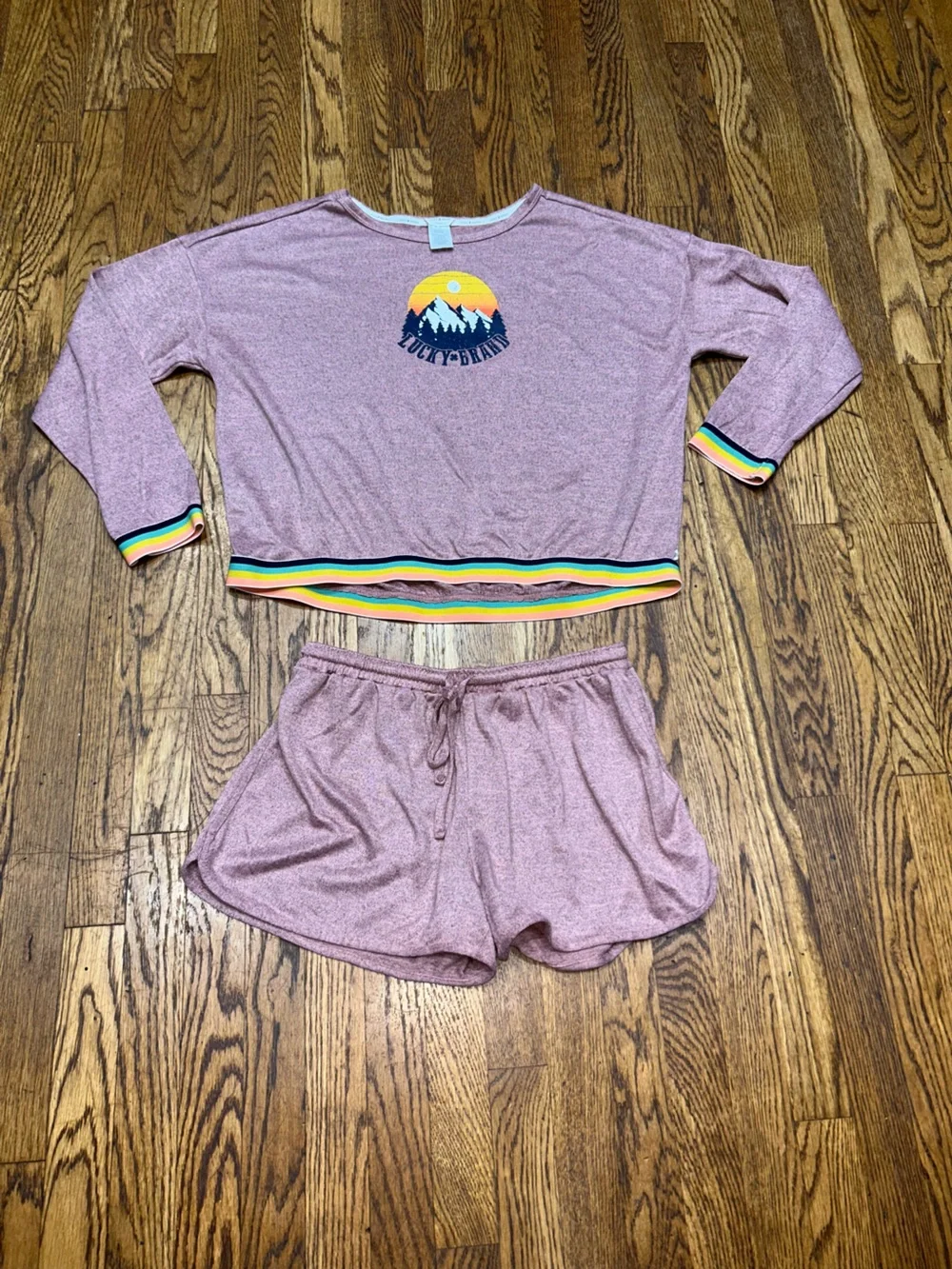 Lucky Brand 2-Piece Lounge Pajama Set Size Large Mauve Rainbow Trim